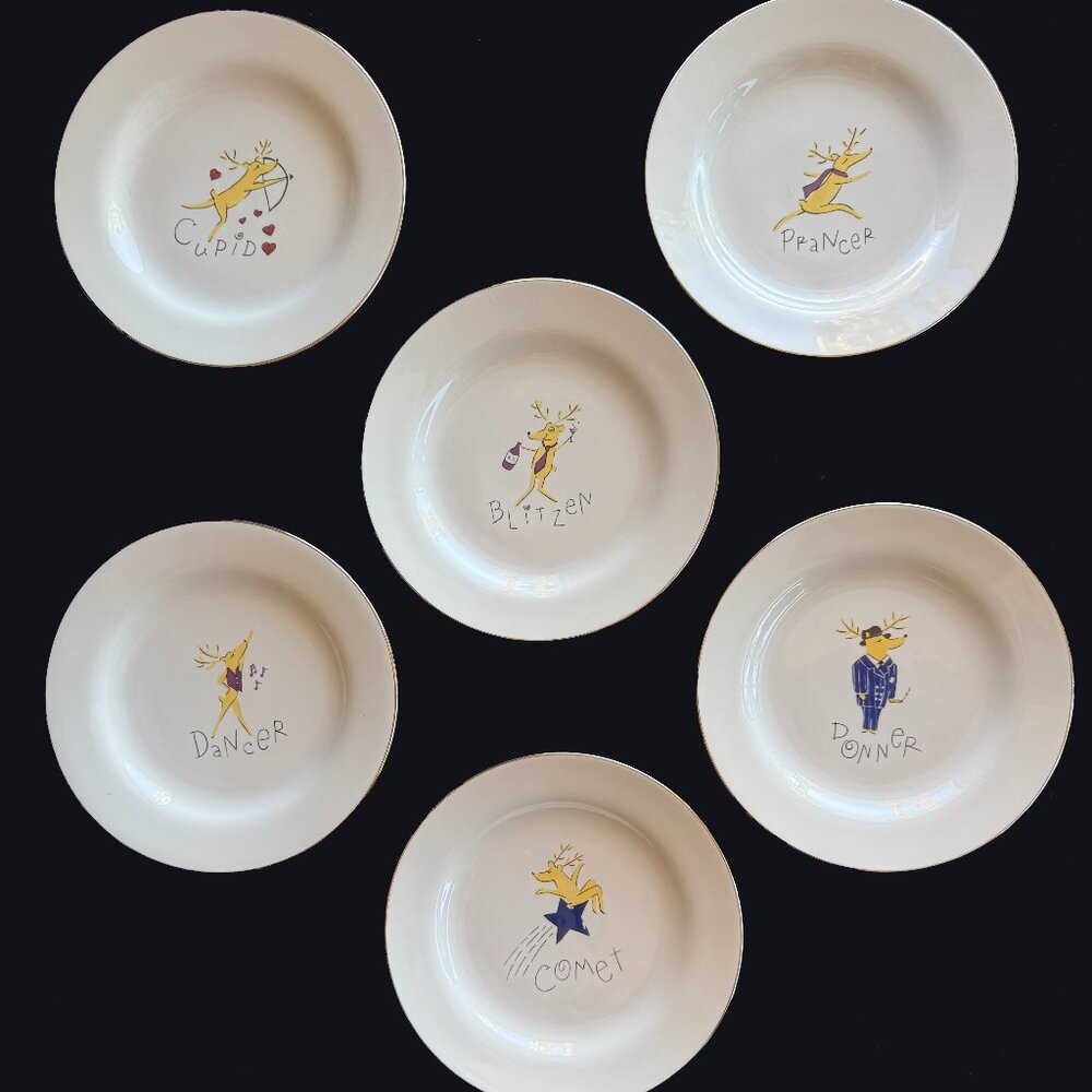 Set of Six Pristine Pottery Barn REINDEER 11" Dinner Plates